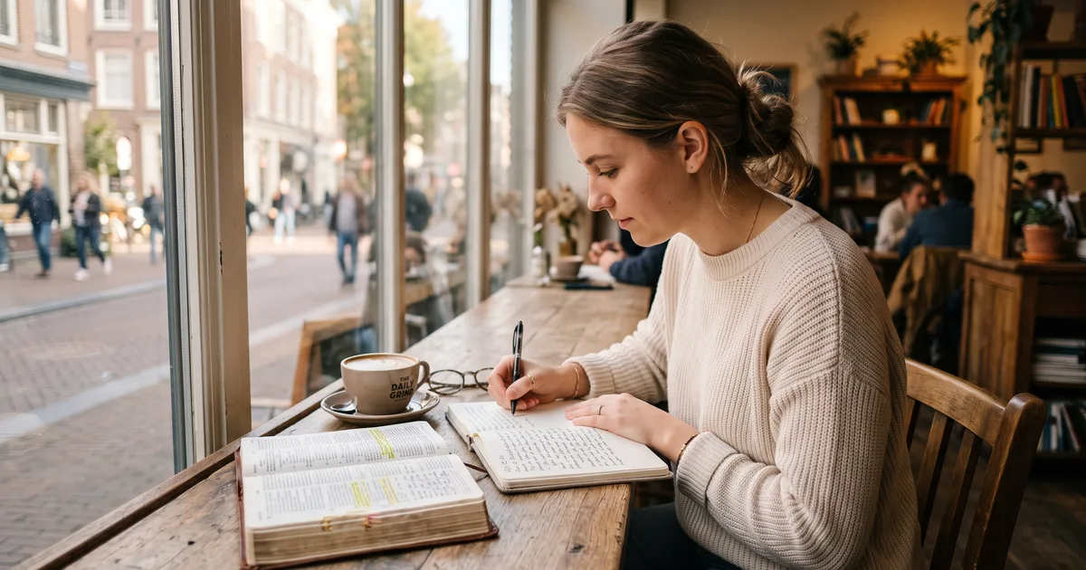 Mujer cafe diario leyendo la Biblia