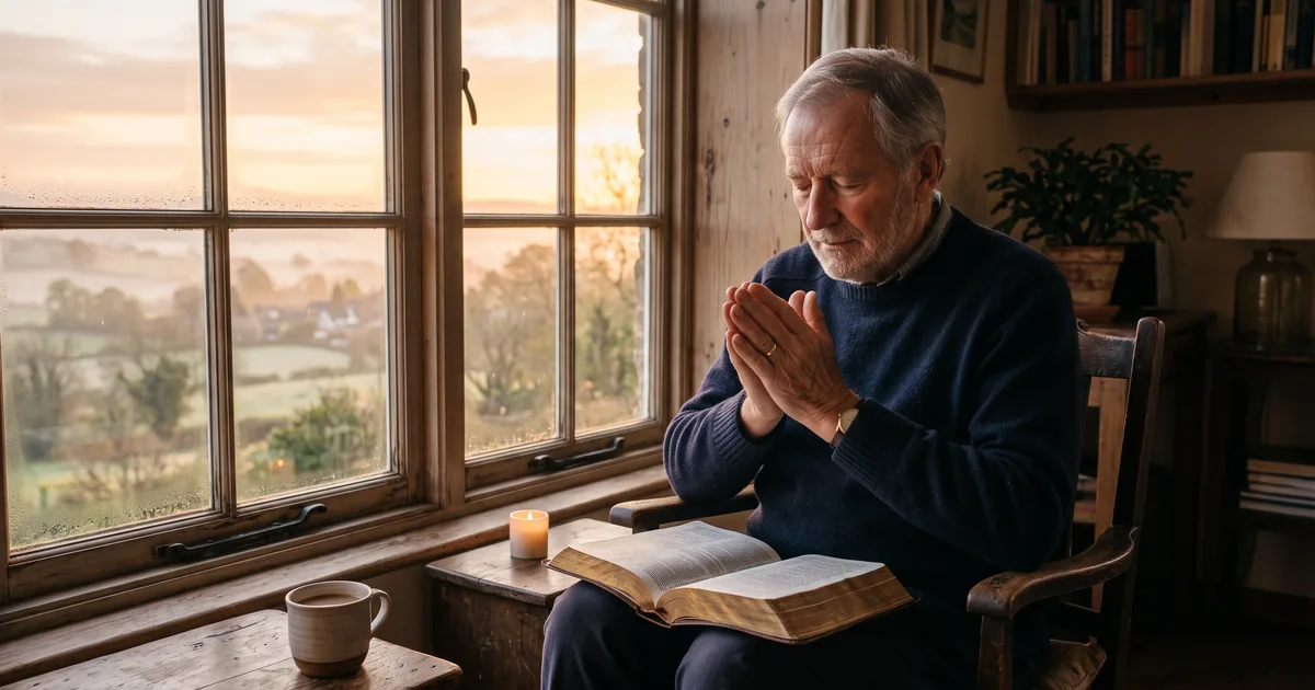 Hombre ventana amanecer oracion leyendo la Biblia